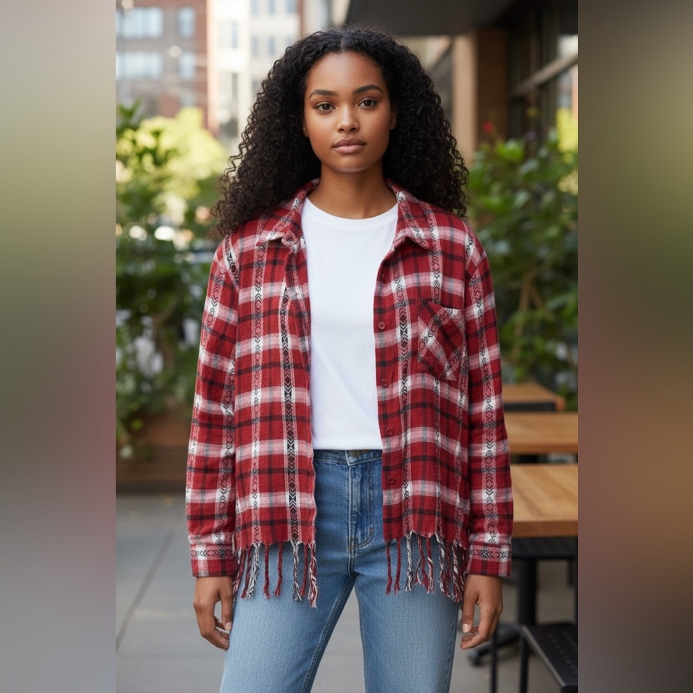 NWT Olive+Oak Women’s Boho Flannel & Plaid Fringe Button Down Cotton Top - Picture 3 of 15